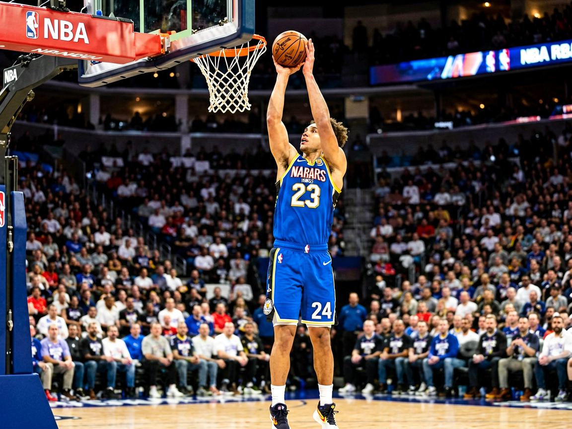 NBA篮球比赛现场,球员在三分线外投篮瞬间